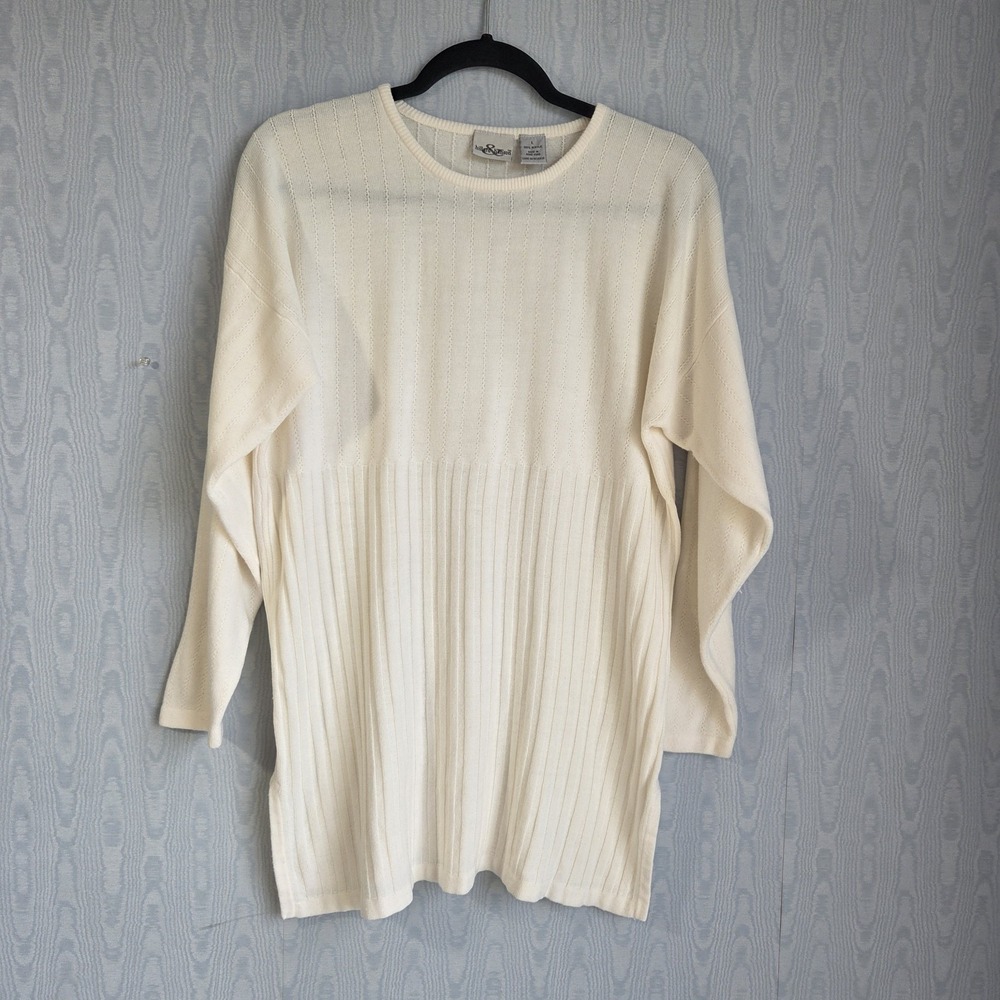 Vtg 90s Hillard & Hanson Womens Sweater Large Ivory Ribbed Delicate Empire Waist